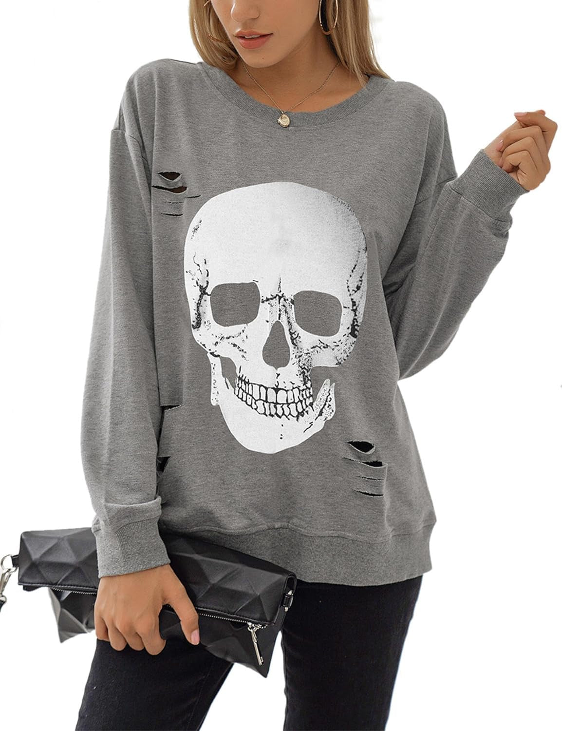 Women'S Crewneck Sweatshirt Skull Graphic T Shirts Long Sleeve Top Pullover Oversized Sweaters