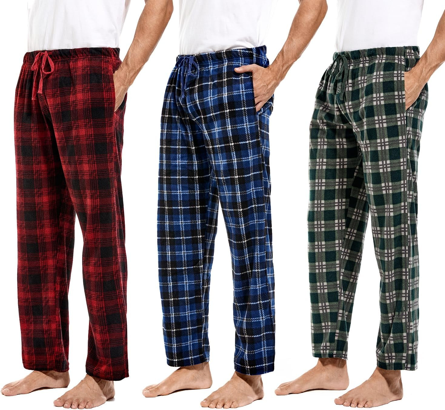 1Pack or 3Pack Mens PJ Pajama Pants Bottoms Fleece Lounge Pants Sleepwear Plaid Pjs with Pockets Microfleece