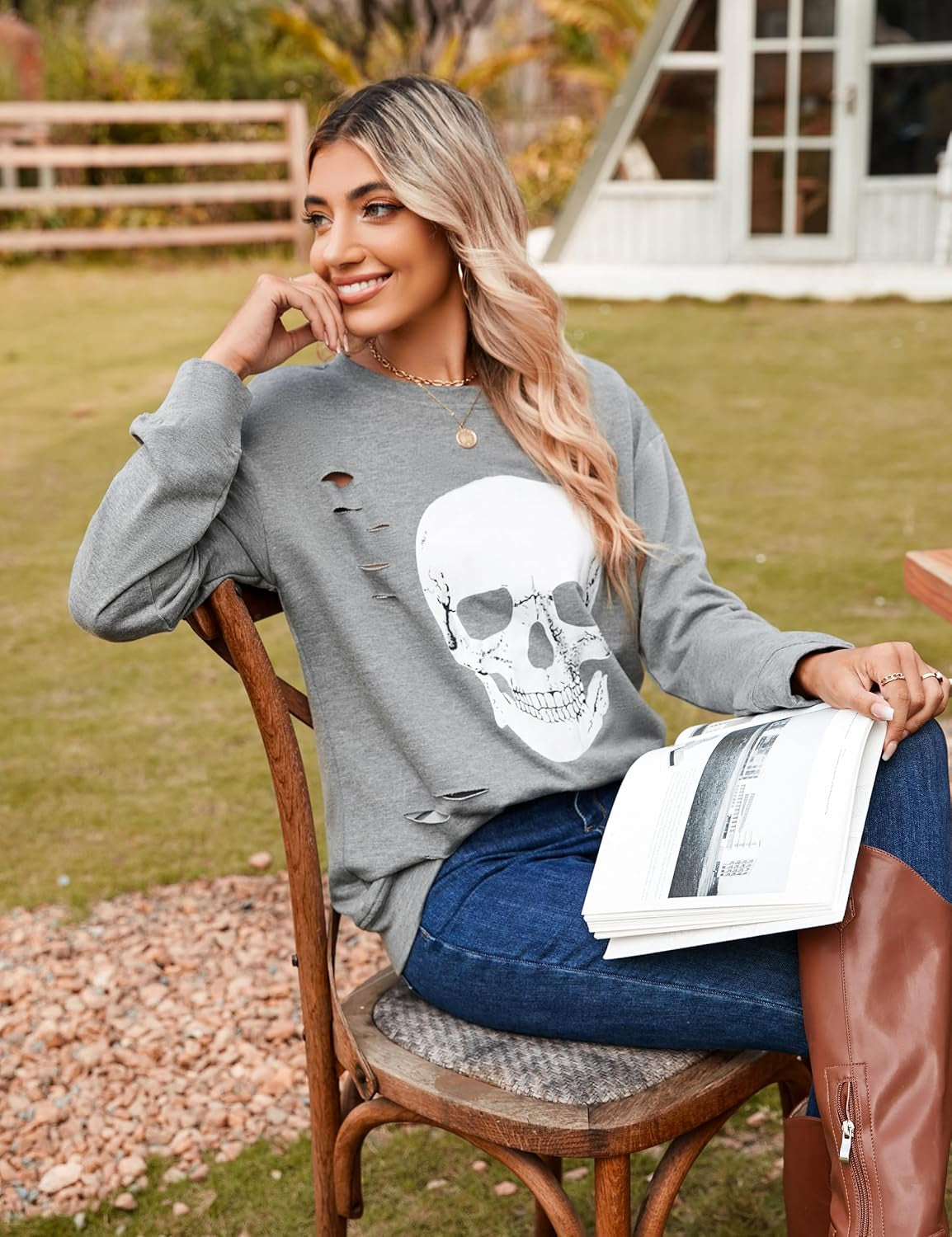 Women'S Crewneck Sweatshirt Skull Graphic T Shirts Long Sleeve Top Pullover Oversized Sweaters