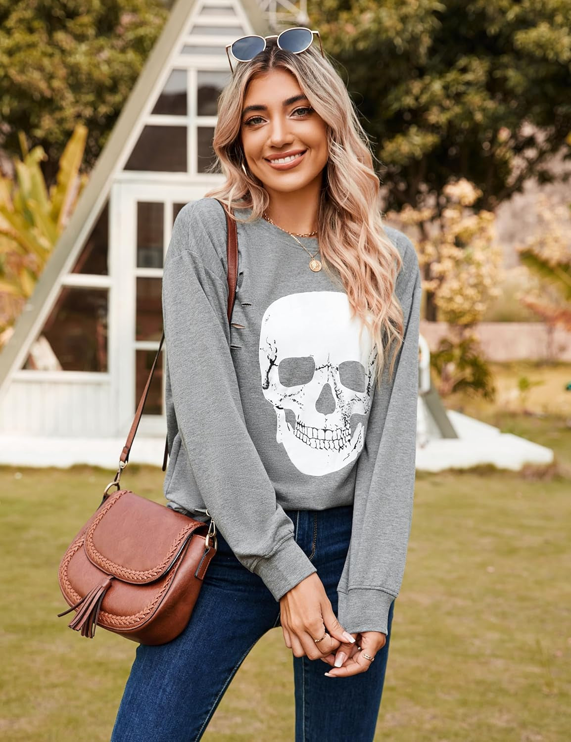 Women'S Crewneck Sweatshirt Skull Graphic T Shirts Long Sleeve Top Pullover Oversized Sweaters