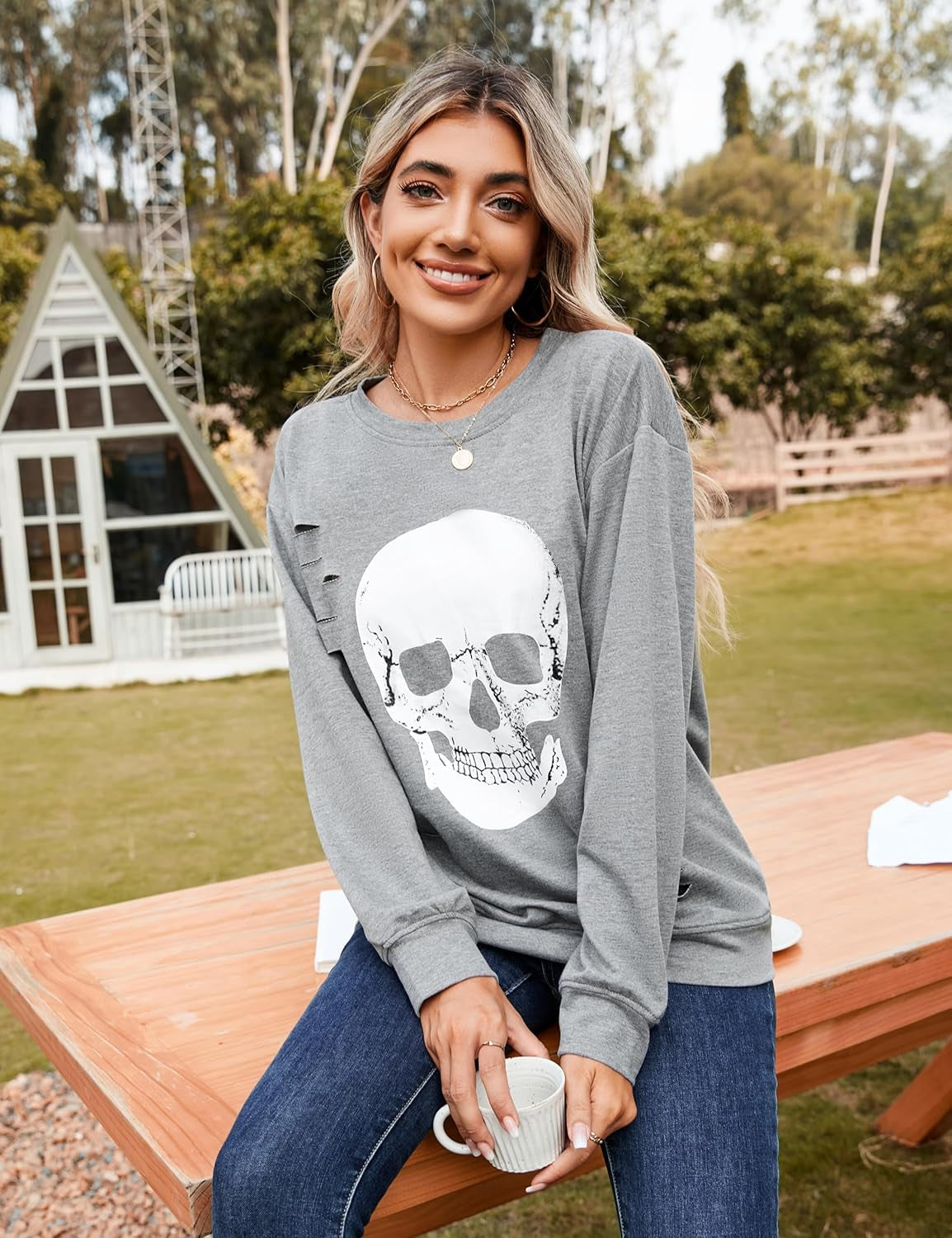 Women'S Crewneck Sweatshirt Skull Graphic T Shirts Long Sleeve Top Pullover Oversized Sweaters